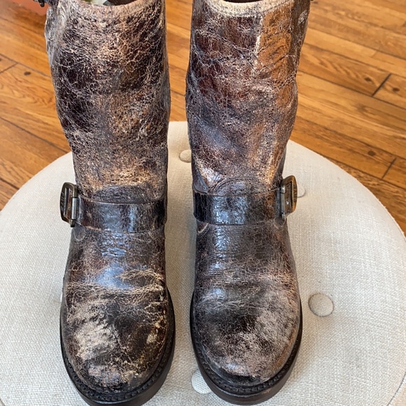 Frye Veronica Distressed Ankle Cowboy Western Boots Buckle Brown Women's 6.5D - Picture 3 of 14